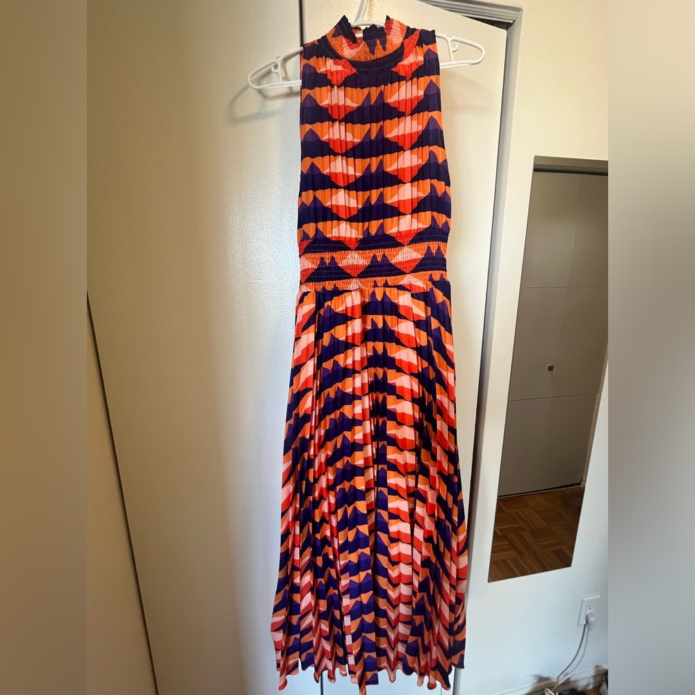 Sky-Eagle Collection Brand New Designer Geometric Orange and Blue Maxi Dress